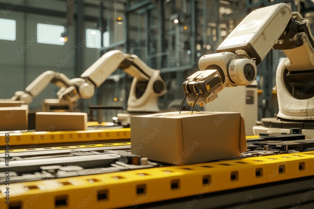 Poster automated robotic arms efficiently handling packages in a modern warehouse setting.