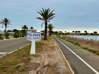 Official Town Sign for Palavas-les-Flots on Route N586, Framed by Palm Trees, Coastal Road, and a Picturesque Bike Lane Under an Overcast Sky