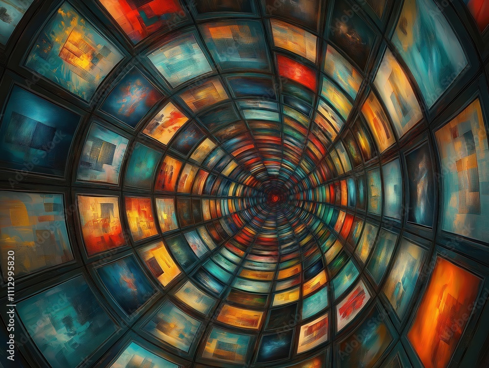Poster abstract tunnel filled with colorful art pieces. digital art gallery with many diverse paintings. vi