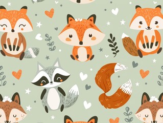 Fototapeta premium Cute cartoon animals with foxes and raccoons on a pastel background.