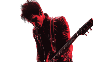 a young man with a guitar on a white background