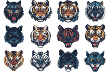 Icons of tigers with aggressive and dangerous heads, made in black style