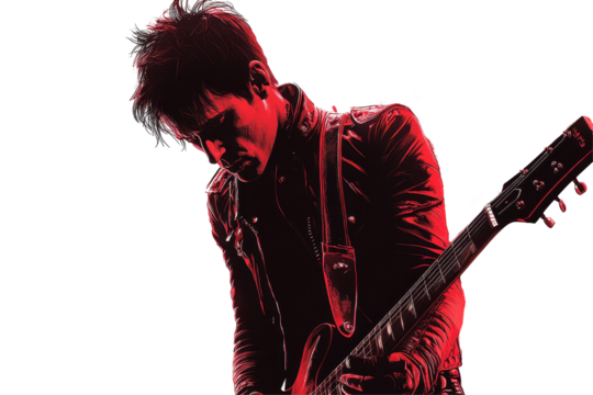 a young man with a guitar on a white background - Powered by Adobe