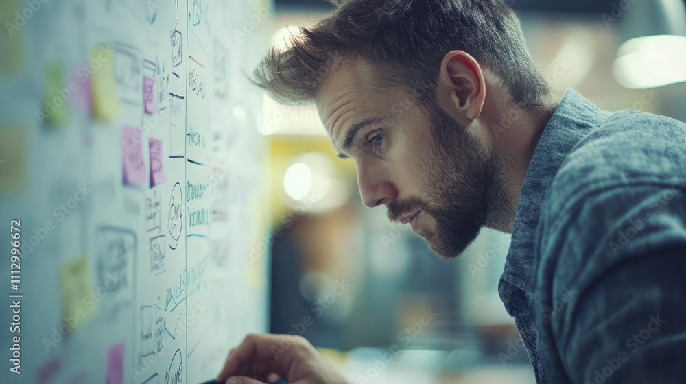 Poster a focused man writes on a wall covered with notes and sketches, deep in thought.
