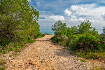 Wanderweg im Naturpark Serra d'Irta an der Costa del Azahar bei Alcossebre, Provinz Castellón, Autonome Gemeinschaft Valencia, Spanien