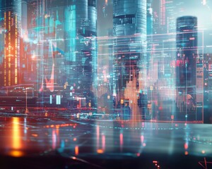 Futuristic cityscape with glowing digital data visualizations and holographic elements in vibrant colors.