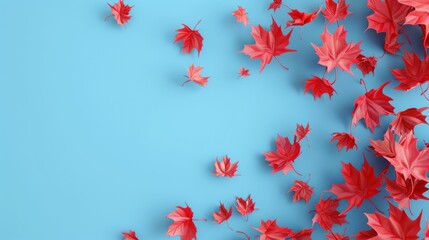 Red maple leaves on a blue background, creating a vibrant autumn vibe with scattered foliage, ideal for seasonal themes The bright blue enhances the warm tones of the leaves