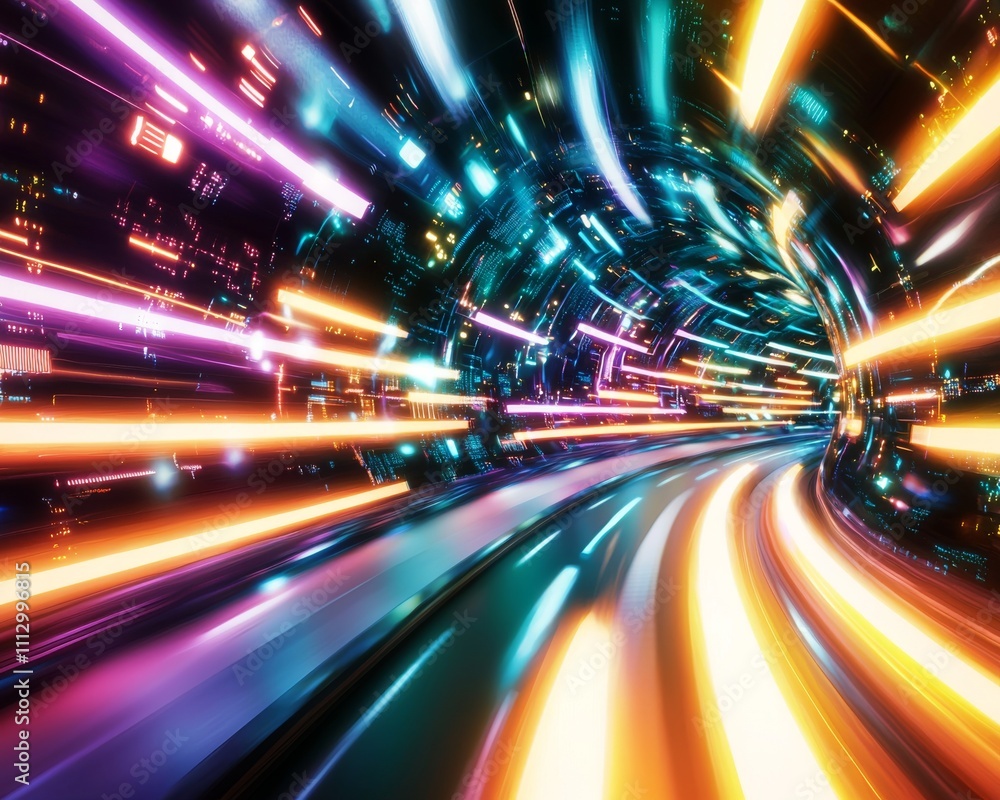 Poster vibrant abstract tunnel with dynamic neon lights, creating a sense of speed and futuristic energy.