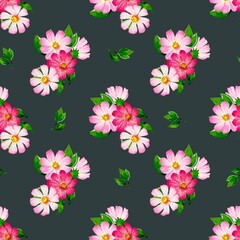 Fototapeta premium Seamless watercolor pattern of bouquets with pink cosmos flowers and green leaves on dark grey background. Floral design for textiles, wallpapers, cards and packaging.