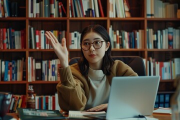 Smiling young woman show gesture say hello chat online conference.