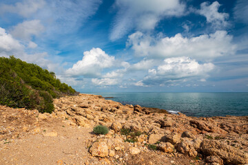 Am Ufer des Mittelmeers im Naturpark Serra d'Irta bei Alcossebre, Provinz Castellón, Autonome Gemeinschaft Valencia, Spanien