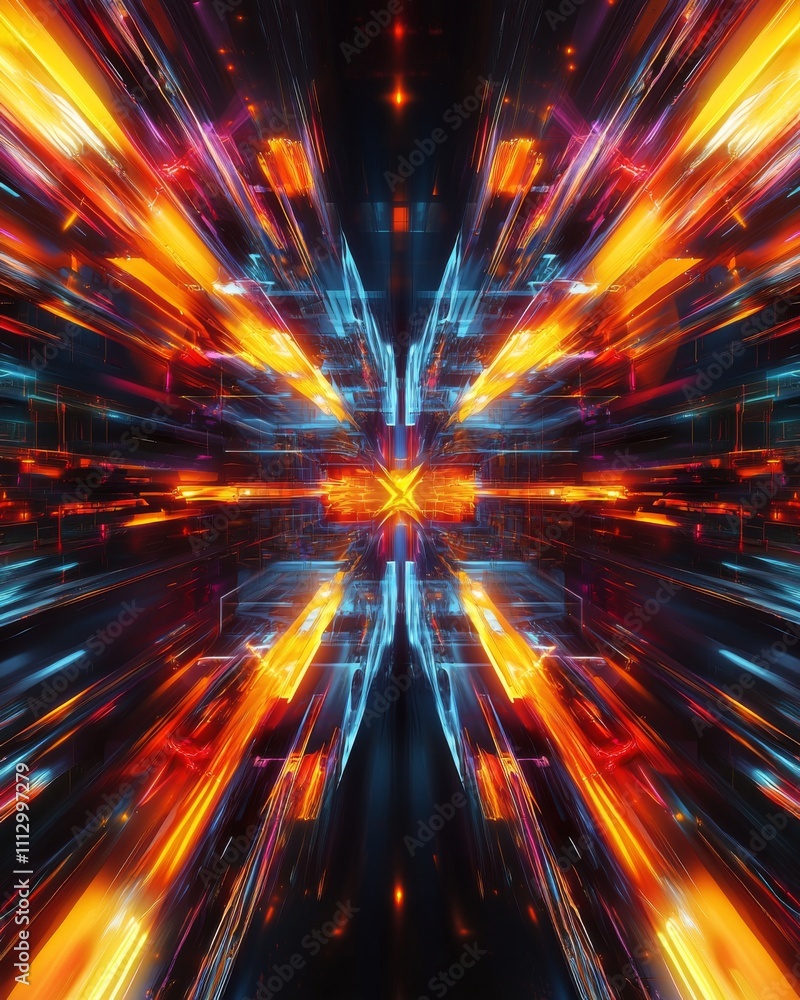 Poster abstract digital background with vivid orange and blue light streaks creating a dynamic explosion ef