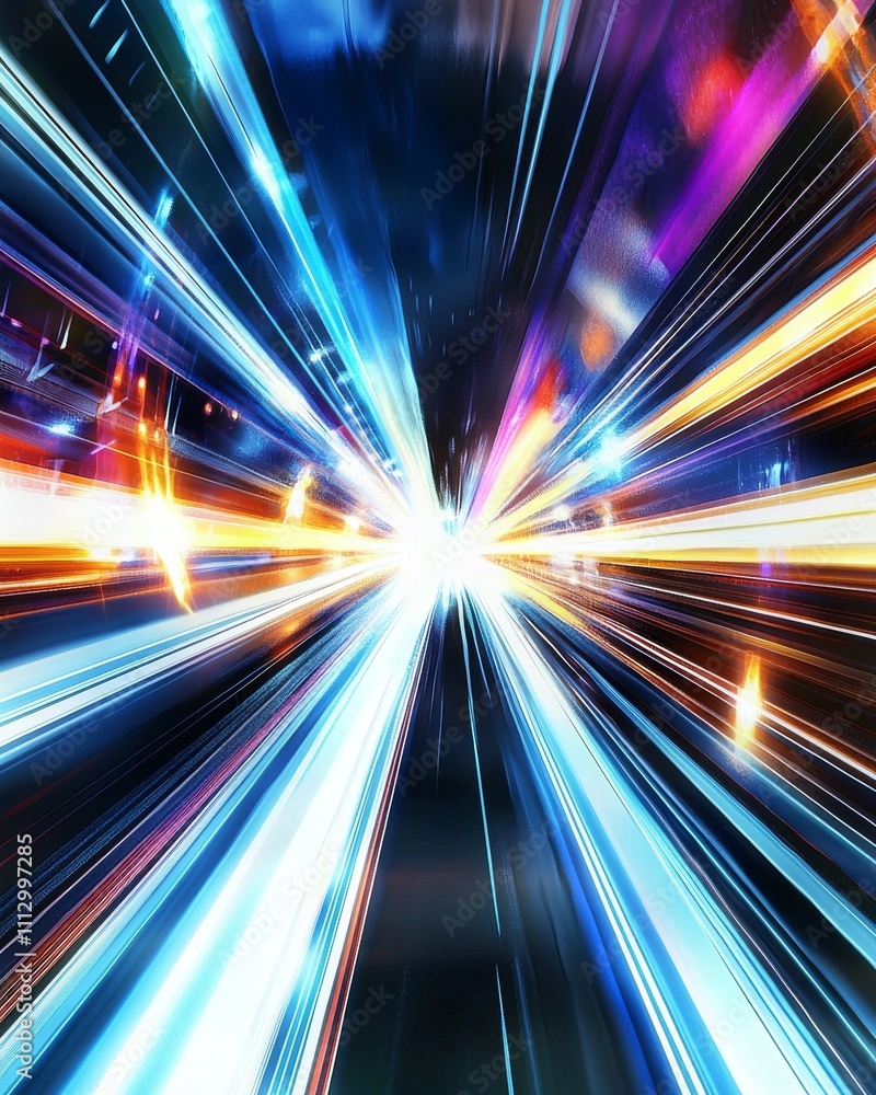 Poster An abstract burst of colorful light streaks, creating a dynamic sense of movement and speed in a vibrant setting.