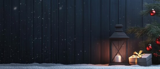 Christmas scene: wood, lantern, fir branches, and lights