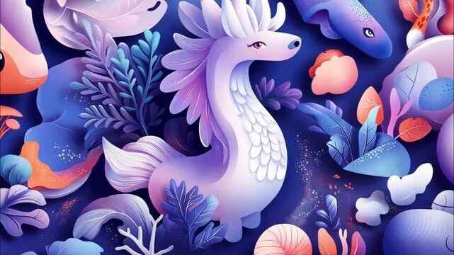 Purple and blue paper cut-out unicorn with pink and white flowers.
