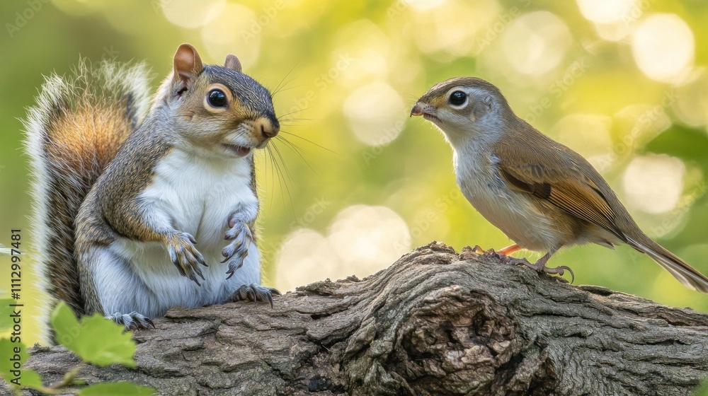 Aufkleber a squirrel and a bird perched on a log in a natural setting with a blurred background.