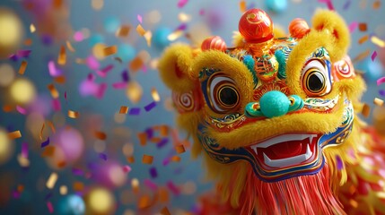 Fototapeta premium Festive Chinese Lion Dance Colorful Confetti Celebration