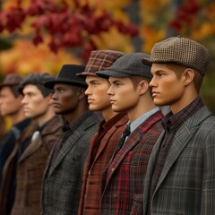 A diverse group of male mannequins dressed in vintage attire, showcasing a range of stylish hats and patterns.