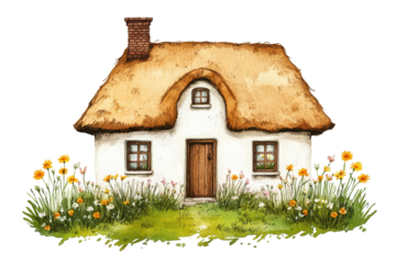 Rustic house with flowers painted in watercolor