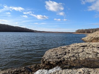 Looking out over the Coralville, Iowa reservoir in the winter you can see fossils and the Devonian...