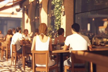 A diverse group of people enjoying a sunny day at an outdoor caf�, showcasing a relaxed dining atmosphere.