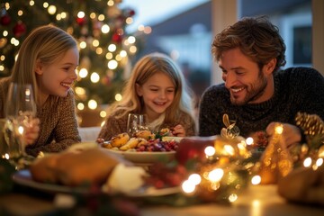 A joyful father and his two daughters enjoying a festive meal, surrounded by holiday decorations and warm lights.