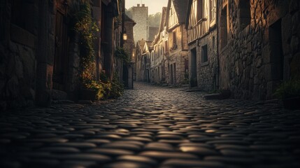 A serene cobblestone street lined with historic buildings, bathed in warm light.