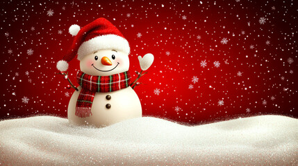 Fototapeta premium Snowman with red Santa hat and scarf stands on snow against a red snowy background. Concept: festive winter holiday scene.