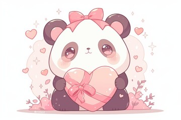Fototapeta premium Cute panda holding a heart-shaped gift with a bow and pink accents.
