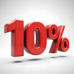 3D bold red text reading '10%' with a glossy finish and floating shadow effect, highlighted by rim lighting. Presented on a pure white background, offering a sleek and professional promotional design 