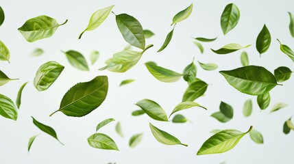 Naklejka premium Floating Green Tea Leaves in Midair Representing Organic Elegance, Nature’s Beauty, and Dynamic Movement in Minimalistic Design, Generative AI