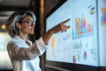 Portrait of female professional worker in a white shirt and glasses is touching a large screen with data curves, graphs, and tables. Woman standing near a large digital display in office.