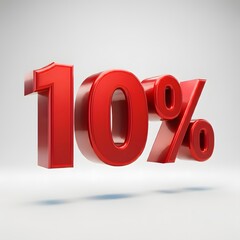 3D bold red text reading '10%' with a glossy finish and floating shadow effect, highlighted by rim lighting. Presented on a pure white background, offering a sleek and professional promotional design 