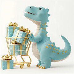 3D render of a cute baby dinosaur with a shopping cart full of gift boxes, isolated on a white background.