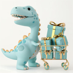 3D render of a cute baby dinosaur with a shopping cart full of gift boxes, isolated on a white background.