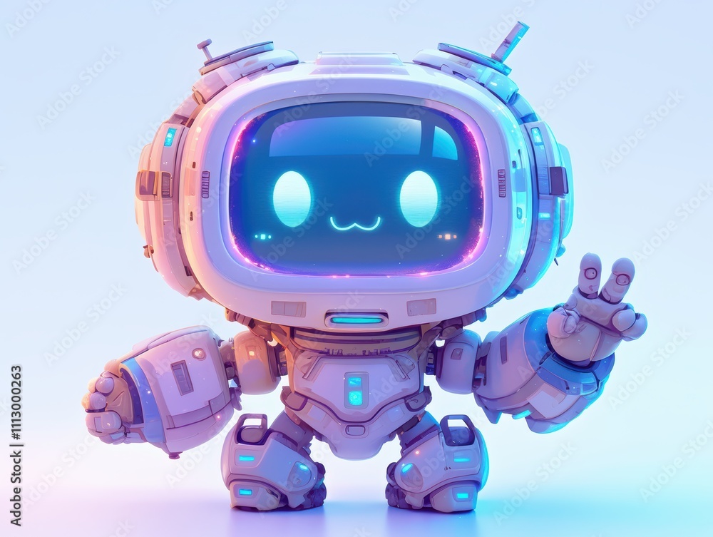 Poster cute robot character with a friendly expression and futuristic design.
