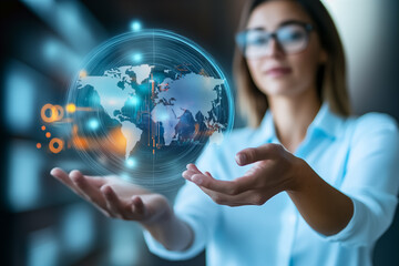 Businesswoman in a white shirt and glasses holding a virtual hologram of a world map with global network connections, a data transfer technology. Using digital transformation concept in future.