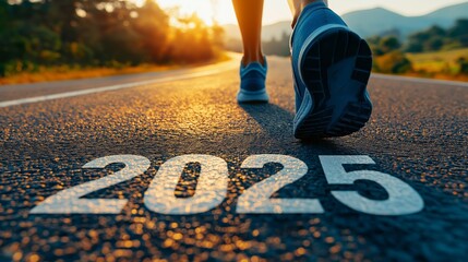Running Toward the Future on a Road Marked with 2025 Symbolizing Progress, Goals, and New Beginnings at Sunrise, Generative AI
