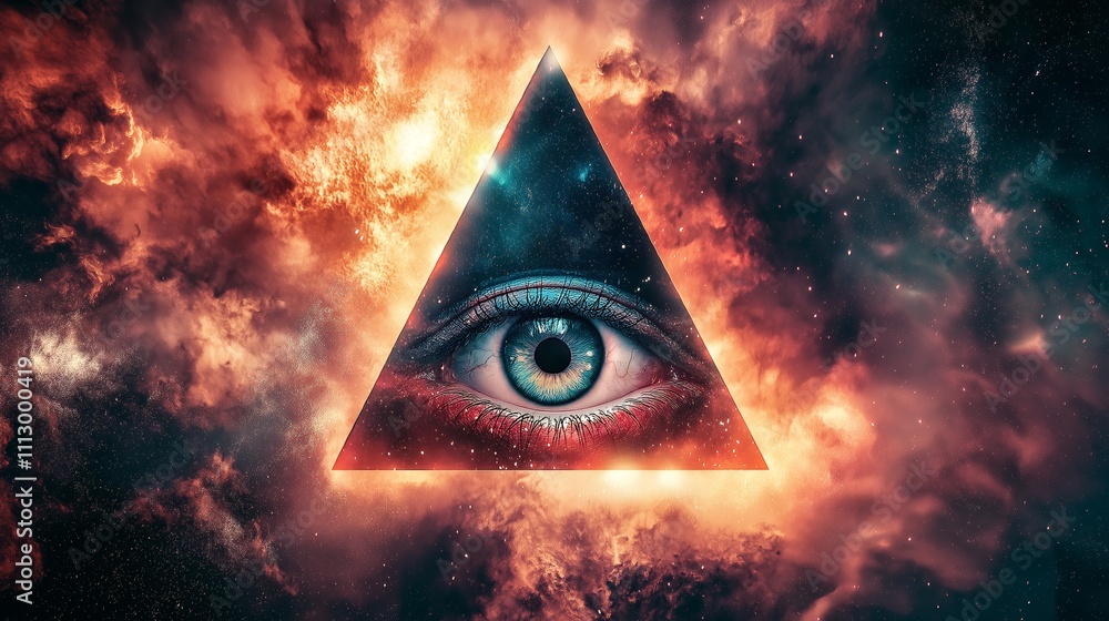 Poster surreal cosmic eye enclosed in a glowing triangle, symbolizing mystery, vision, and the imaginative 
