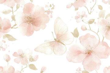 Romantic seamless watercolor pattern with butterflies and delicate flowers