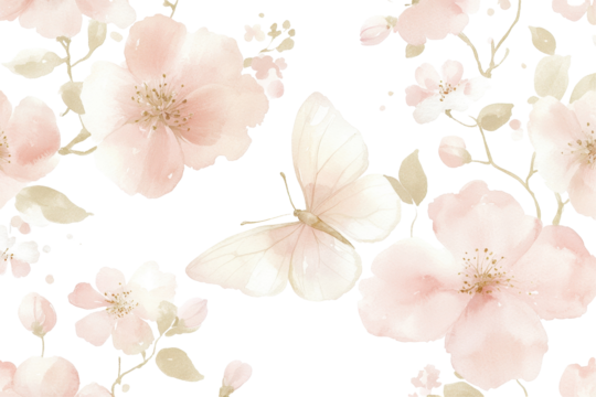 Romantic seamless watercolor pattern with butterflies and delicate flowers