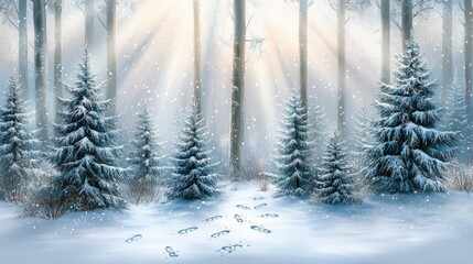 Fototapeta premium A serene winter scene captures a pine forest blanketed in snow, with crisp footprints marking the path through the tranquil wilderness