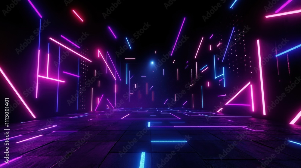 Aufkleber empty dark futuristic space with neon light. abstract geometric shapes. spotlight highlights tech st