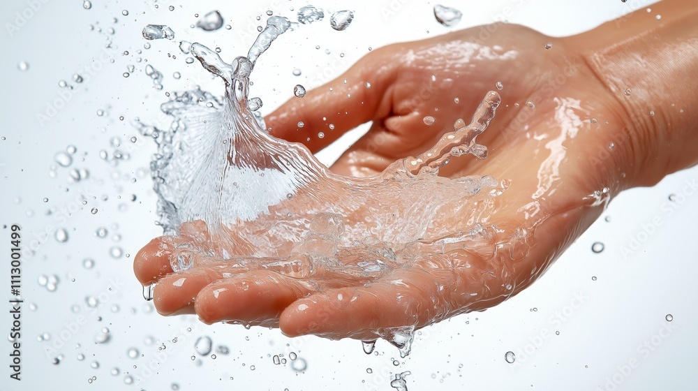 Poster a dynamic splash of water bursting from an open hand, symbolizing purity, nature, and the vital conn