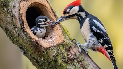 A woodpecker feeding its chick in a tree hollow, showcasing nurturing behavior in nature.