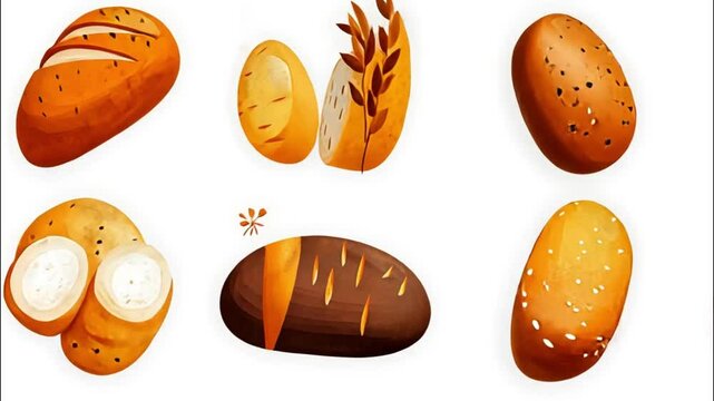 A collection of various types of bread and potatoes, with a sprig of wheat and scattered seeds.