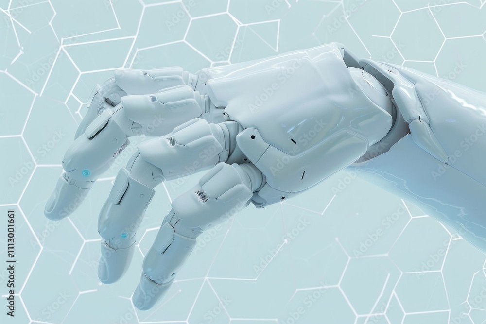 Poster futuristic robotic hand reaching out, showcasing advanced technology and precision. concept of innov