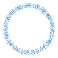Round frame of blue vector snowflakes isolated from background. Winter concept. Christmas or New Year round frame. Snow