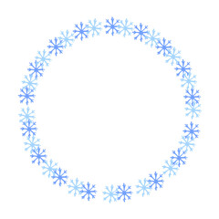 Round frame of blue vector snowflakes isolated from background. Winter concept. Christmas or New Year round frame. Snow