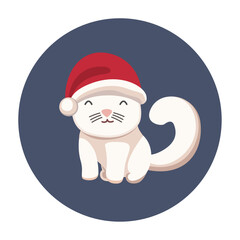 Cat in Santa Claus hat. Cute cat in red Christmas hat. Vector illustration of pet ready for holiday. New Year and Christmas concept. Cute happy kitten